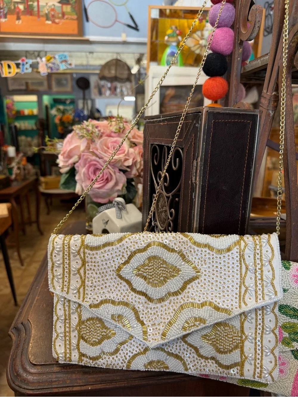White & Gold Hand Beaded Envelope Clutch Crossbody Bag